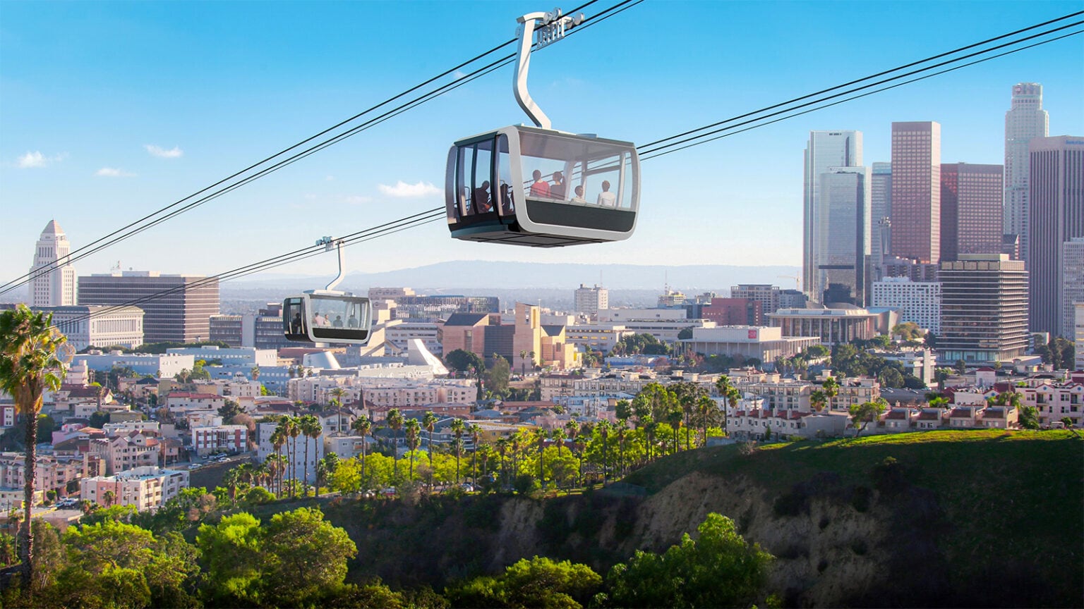 Rendering of enclosed gondola cabins traveling above Los Angeles toward Dodger Stadium