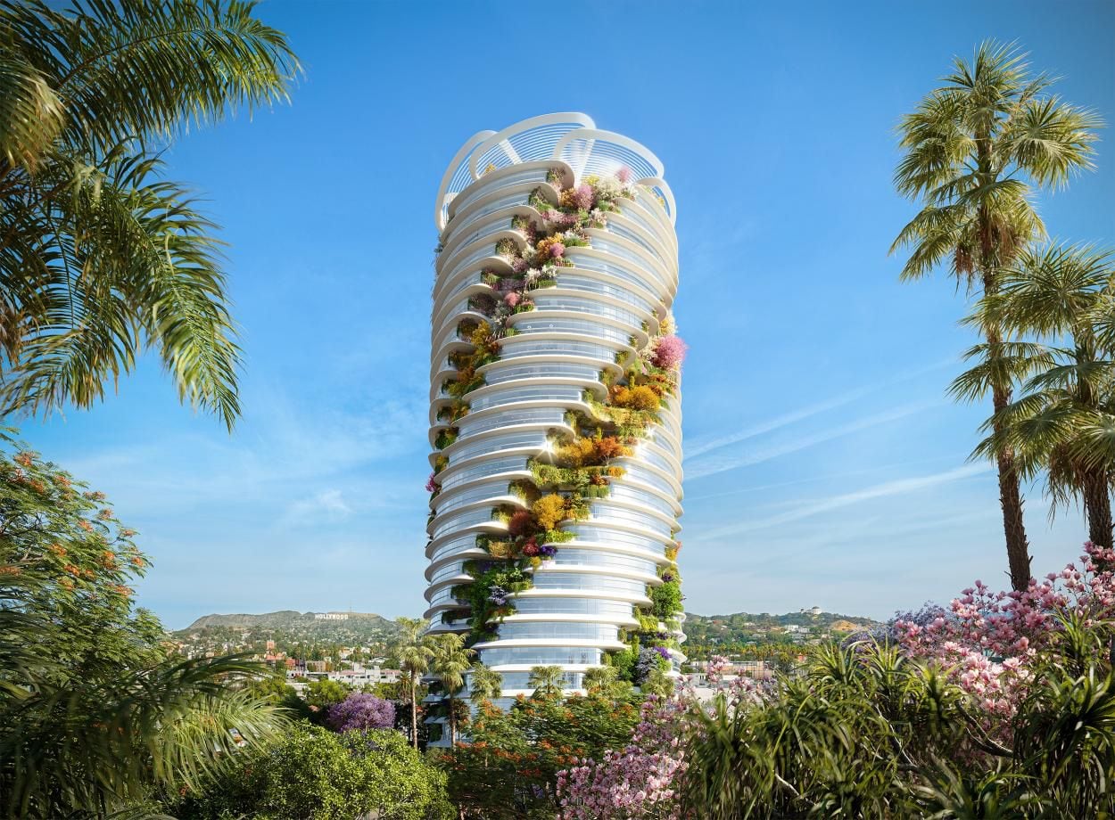 Rendering of The Star, a white spiraling tower wrapped in planted terraces on Sunset Boulevard