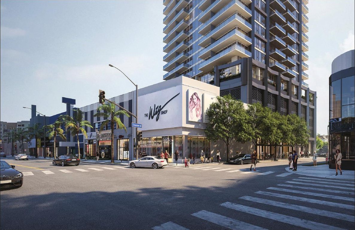 Street-level rendering of a residential tower rising behind retained storefronts at Wilshire and Cloverdale