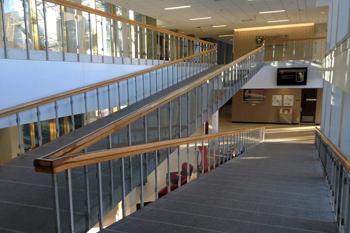 A wheelchair accessible ramp at a building entrance