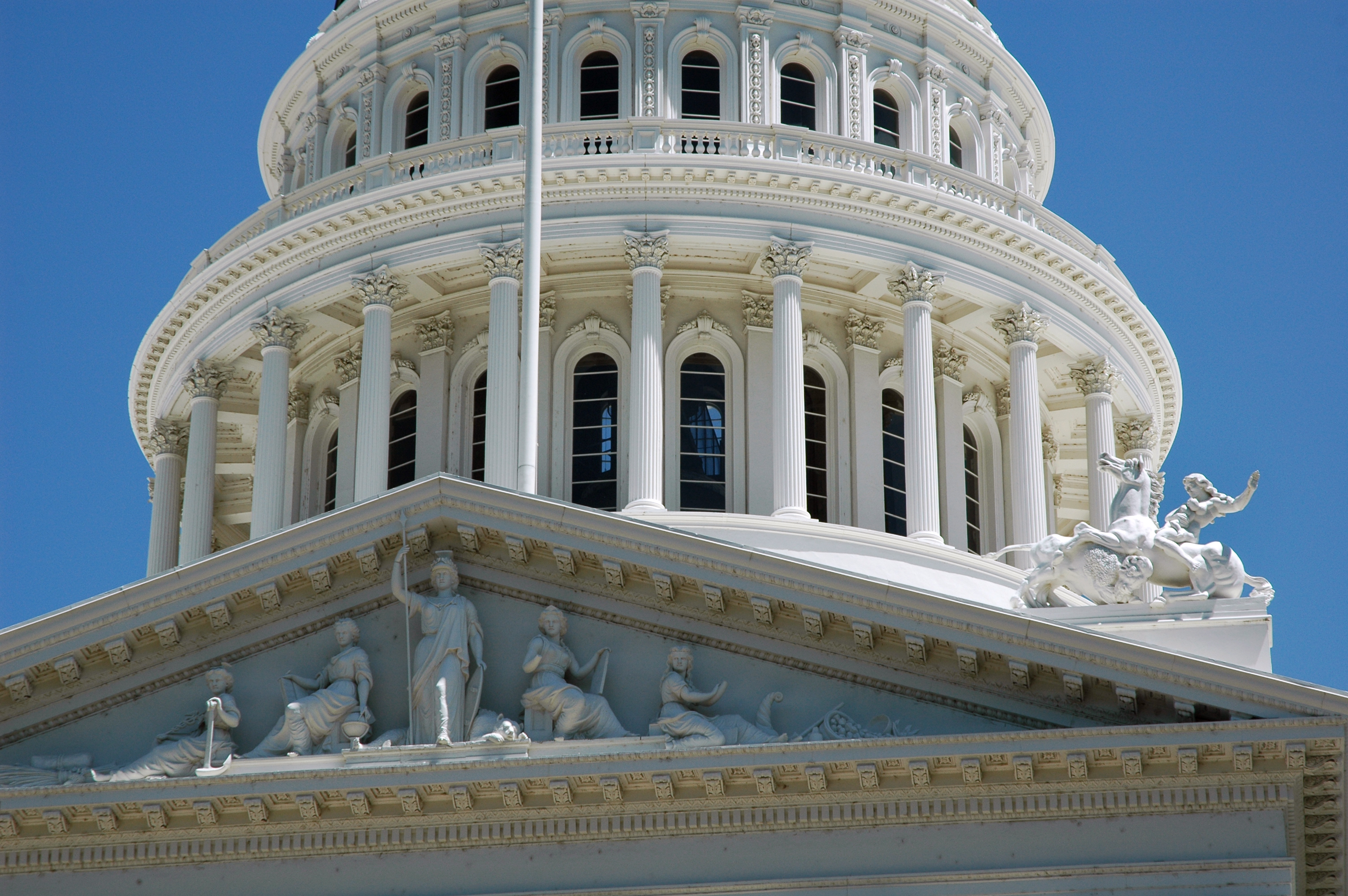 The dome and pediment of the California State Capitol in Sacramento